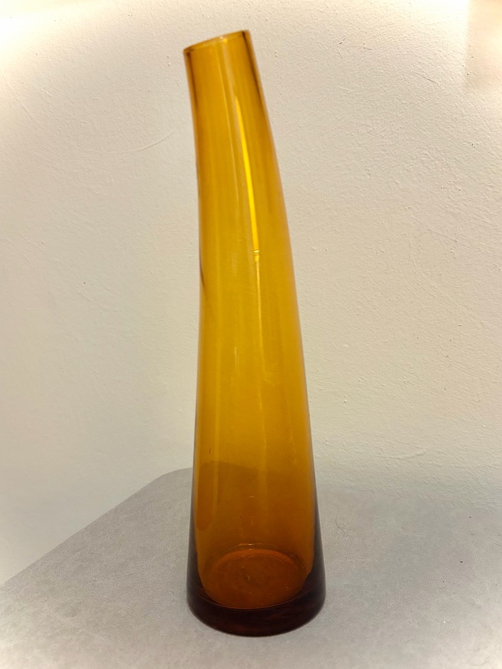 Mid Century Curved Neck Amber Vase 10 Inches Tall Hand Blown Art Glass Vintage